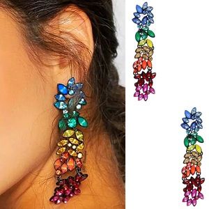 Black Orange Multicolor Floral Long Dangle Post Statement Earrings